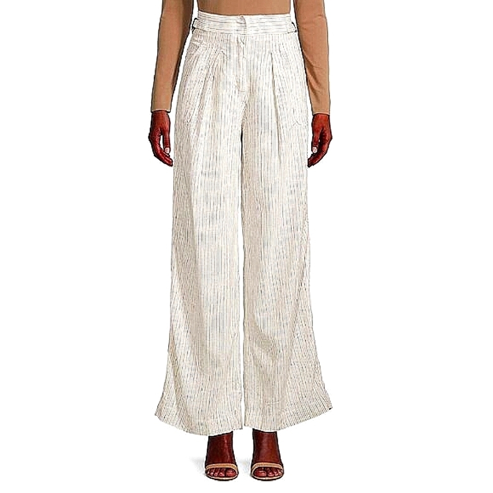 NWT Max Studio Easy Leg Trouser Women's White Striped Pockets Size Large